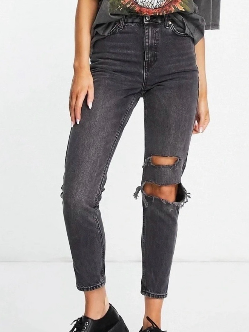 Topshop Black Faded Boyfriend Jeans with Distressed Knee